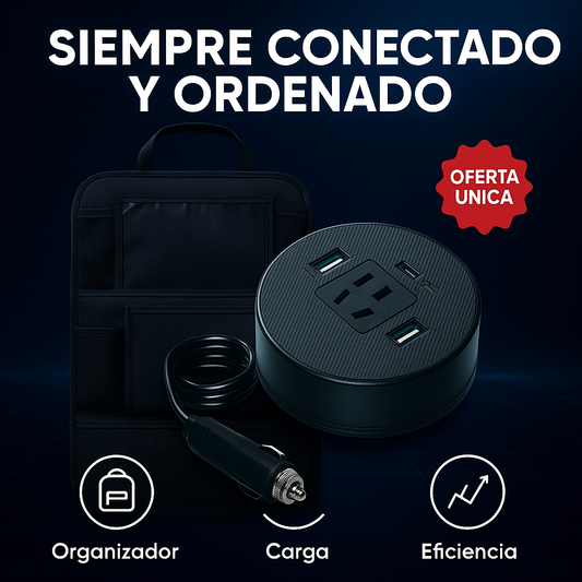 CARGADOR RÁPIDO INVERSO 150W (CABLE C,USB Y ENCHUFE) + ORGANIZADOR DE ASIENTO